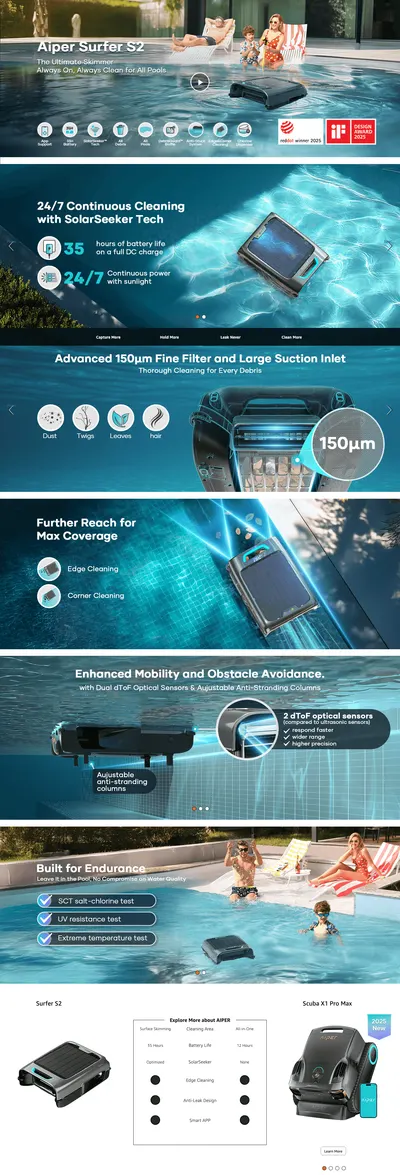 Premium A+ Content for Amazon.com : AIPER Surfer S2 Robotic Solar Pool Skimmer with APP Support