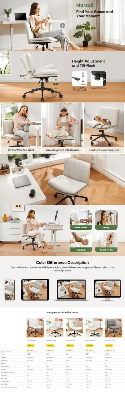 Premium A+ Content for Amazon.com: Marsail Armless-Office Desk Chair with Wheels: PU Leather Cross Legged Wide…
