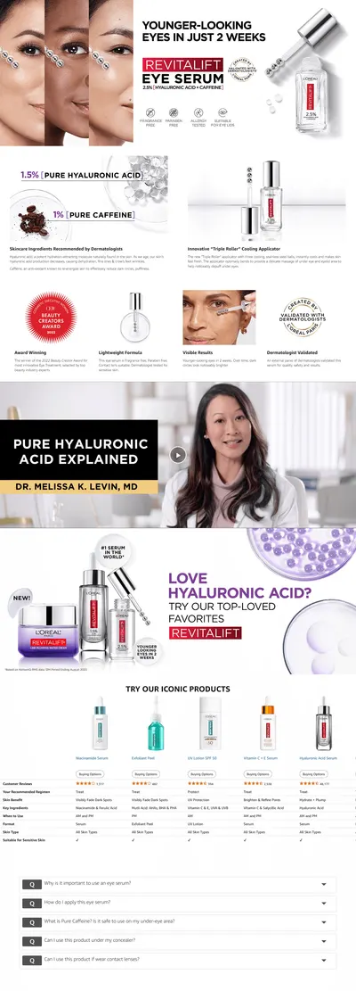 Premium A+ Content for Amazon.com: L'Oreal Paris Revitalift Hyaluronic Acid + Caffeine Hydrating Eye Serum for…