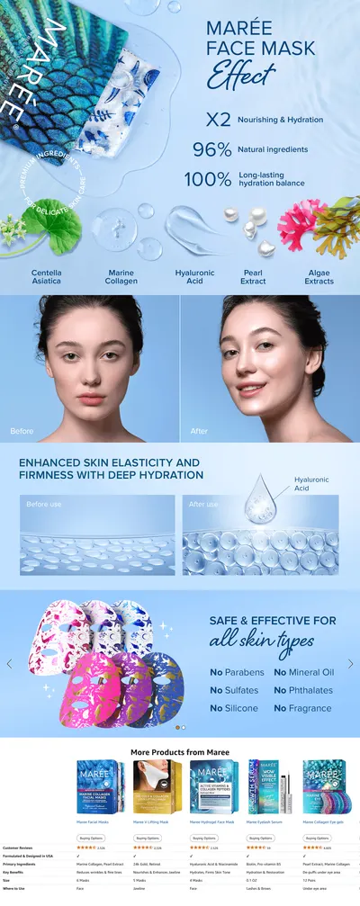 Premium A+ Content for Amazon.com : MAREE Collagen Facial Mask with Hyaluronic Acid