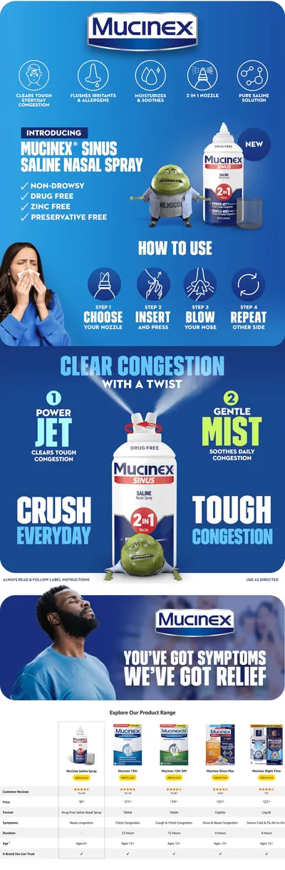 Premium A+ Content for Amazon.com: Mucinex Sinus Saline Nasal Spray & Sinus Rinse