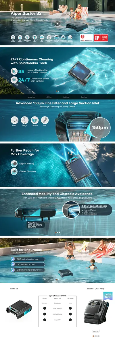 Premium A+ Content for Amazon.com : AIPER Surfer S2 Robotic Solar Pool Skimmer with APP Support