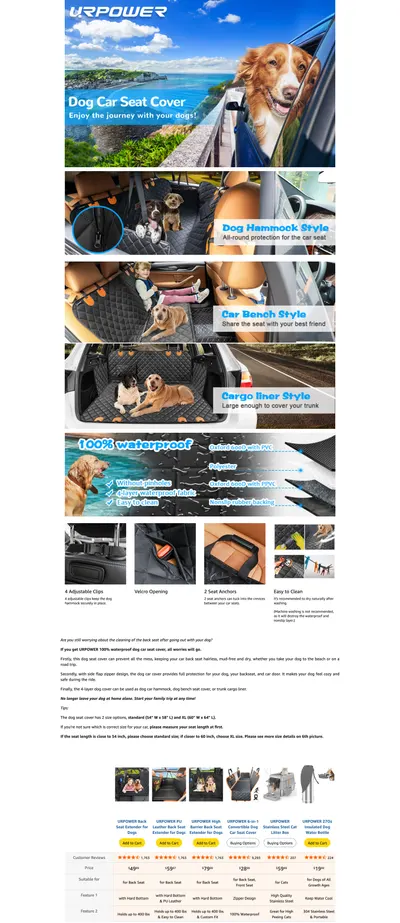 Premium A+ Content for Amazon.com : URPOWER Dog Car Seat Cover for Pets 100% Waterproof Seat Cover Hammock 600D…