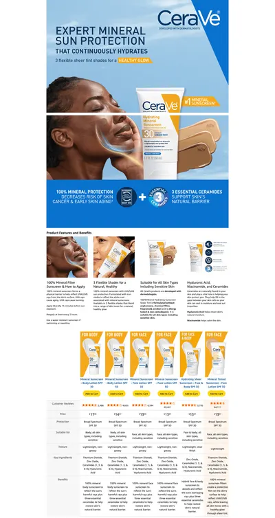 Premium A+ Content for Amazon.com: CeraVe Hydrating Mineral Sunscreen SPF 30 with Sheer Tint
