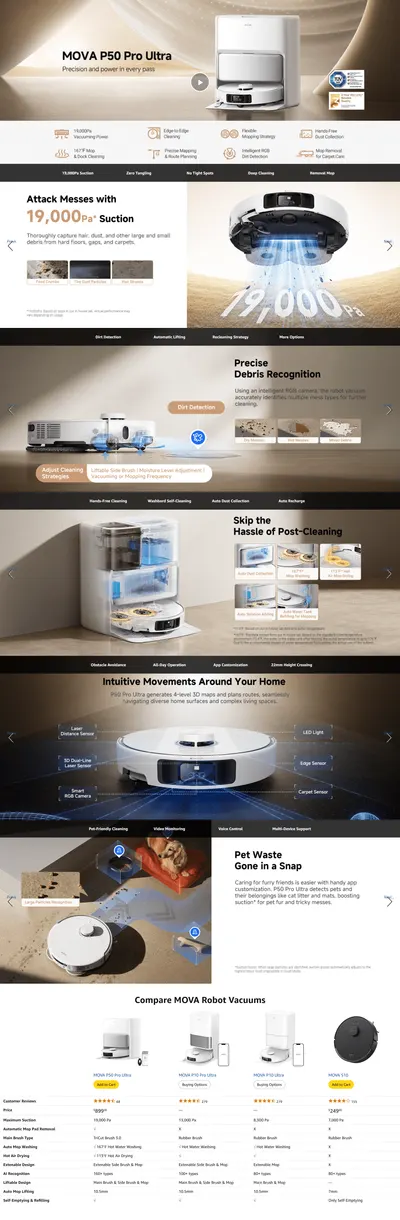 Premium A+ Content for Amazon.com: Mova P50 Pro Ultra Robot Vacuum with Removable & Liftable Mop