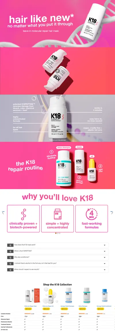 Premium A+ Content for Amazon.com: K18 Full-Size Leave-In Molecular Hair Mask
