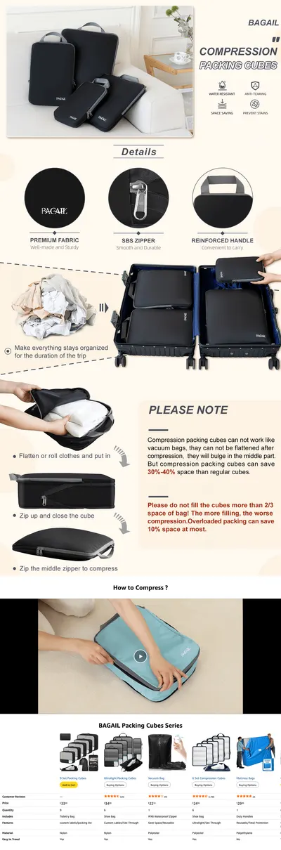Premium A+ Content for Amazon.com: BAGAIL 4 Set/6 Set/8 Set Compression Packing Cubes Travel Accessories…