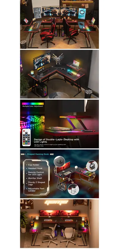 Premium A+ Content for Amazon.com: Shahoo L Shaped Gaming Desk with LED Lights & Power Outlet