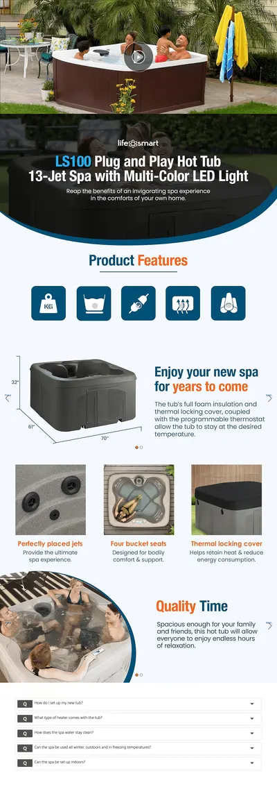 Premium A+ Content for Amazon.com : LifeSmart 4-Person Hot Tub with 13 High-Powered Jets & LED Lighting