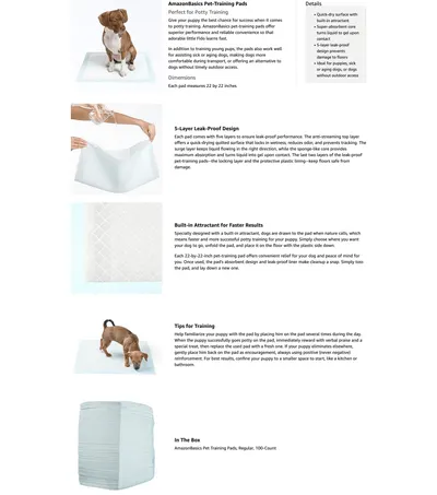 Premium A+ Content for Amazon.com: Amazon Basics Dog and Puppy Pee Pads with Leak-Proof Quick-Dry Design for…