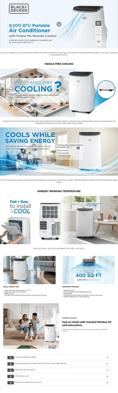Premium A+ Content for Amazon.com: BLACK+DECKER 8,000 BTU Portable Air Conditioner for Rooms up to 350 Sq. with…
