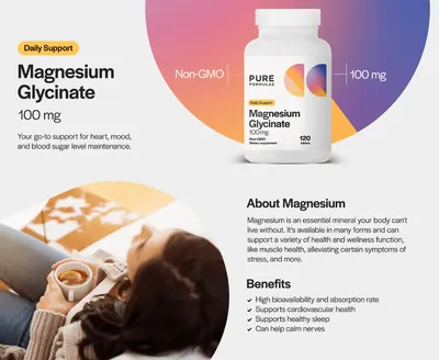 Premium A+ Content for Amazon.com: PureFormulas Glicinato de magnesio 100 mg de apoyo diario para el estrés