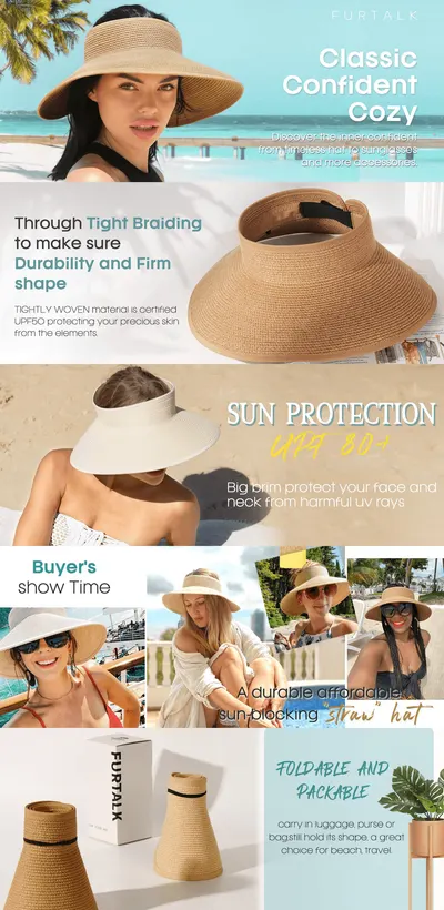 Premium A+ Content for FURTALK Sun Visor Hats for Women Wide Brim Straw Ponytail Summer Beach Hat UV UPF…