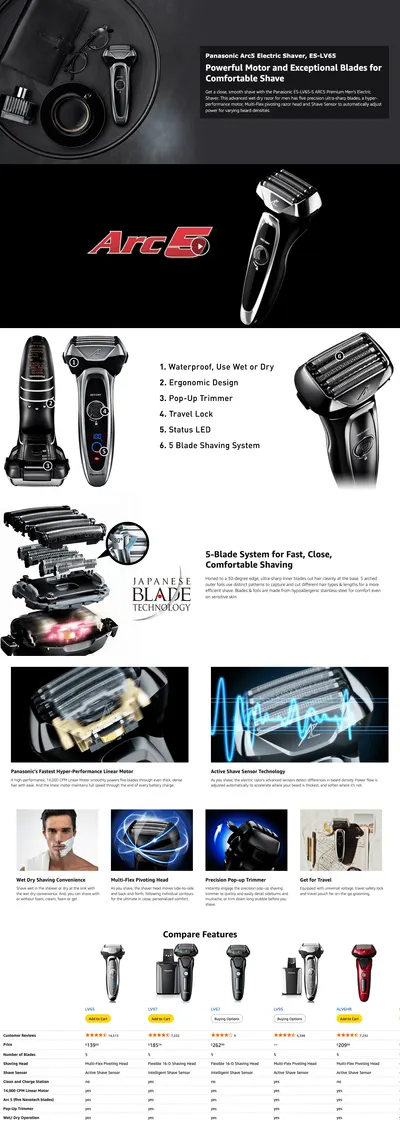 Premium A+ Content for Amazon.com: Panasonic ARC5 Electric Razor for Men with Pop-Up Trimmer
