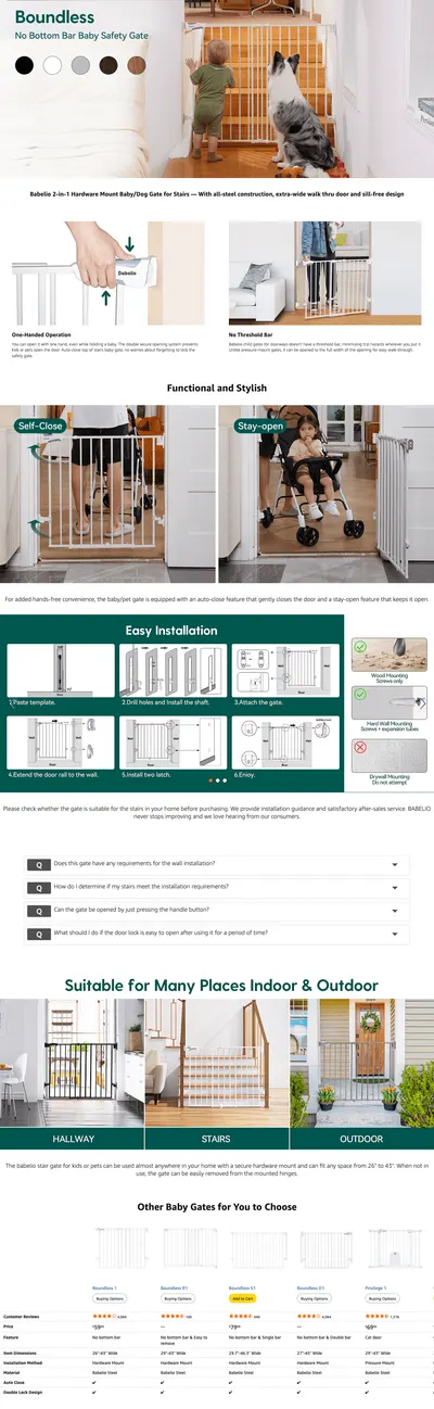 Premium A+ Content for Amazon.com: Babelio 26-43" No Bottom Bar Baby Gate for Babies