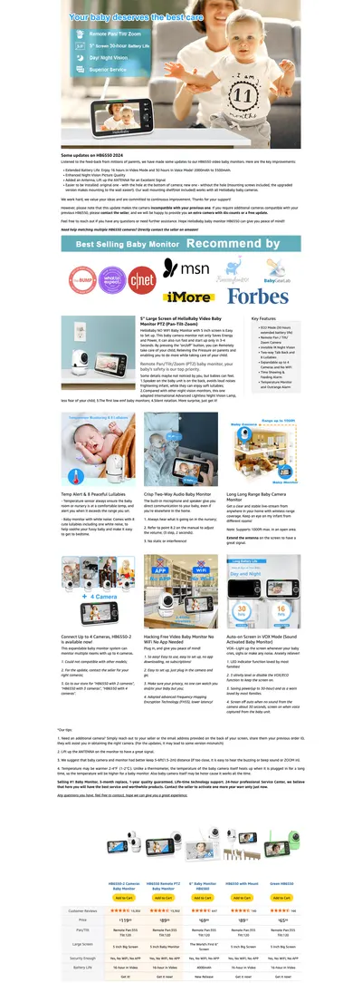 Premium A+ Content for Amazon.com: HelloBaby No WiFi Baby Monitor 5" Screen 30-Hour Battery Pan-Tilt-Zoom Video…