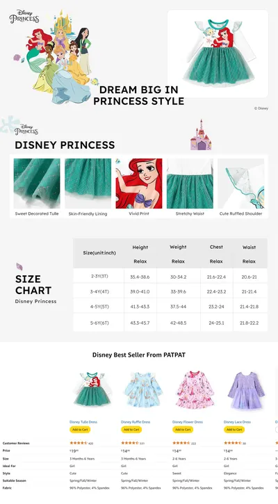 Premium A+ Content for Amazon.com: Disney Princess Ariel Baby Girl Dress Character Print Mesh Overlay Tulle…