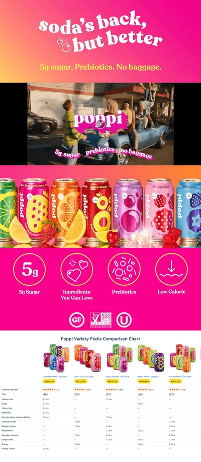 Premium A+ Content for Amazon.com : Poppi Sparkling Prebiotic Soda Beverage with Apple Cider Vinegar