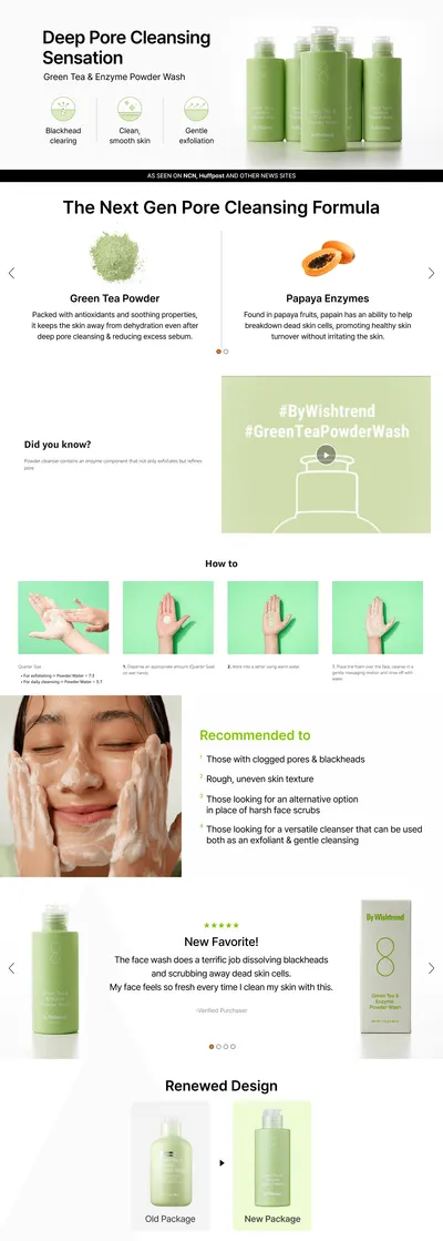 Premium A+ Content for Amazon.com: BY WISHTREND Green Tea & Enzyme Powder Face Wash