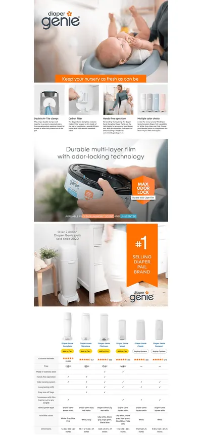 Premium A+ Content for Amazon.com: Playtex Diaper Genie Complete Pail with Built-In Odor Controlling…