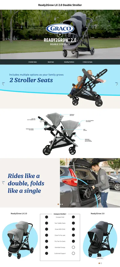 Premium A+ Content for Amazon.com: Graco Ready2Grow LX 2.0 Double Stroller Features Bench Seat and Standing…