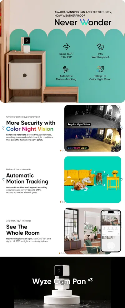 Premium A+ Content for Amazon.com : WYZE Cam Pan v3 Indoor/Outdoor IP65 1080P 360° Pan/Tilt/Zoom Wi-Fi Smart…