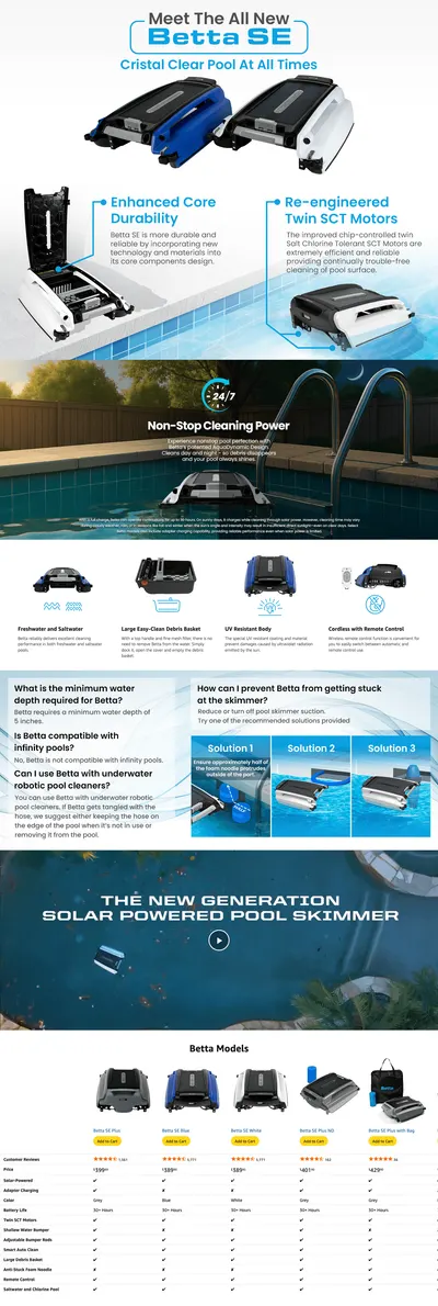 Premium A+ Content for Amazon.com : Betta SE Solar Powered Automatic Robotic Pool Surface Skimmer Cleaner with…