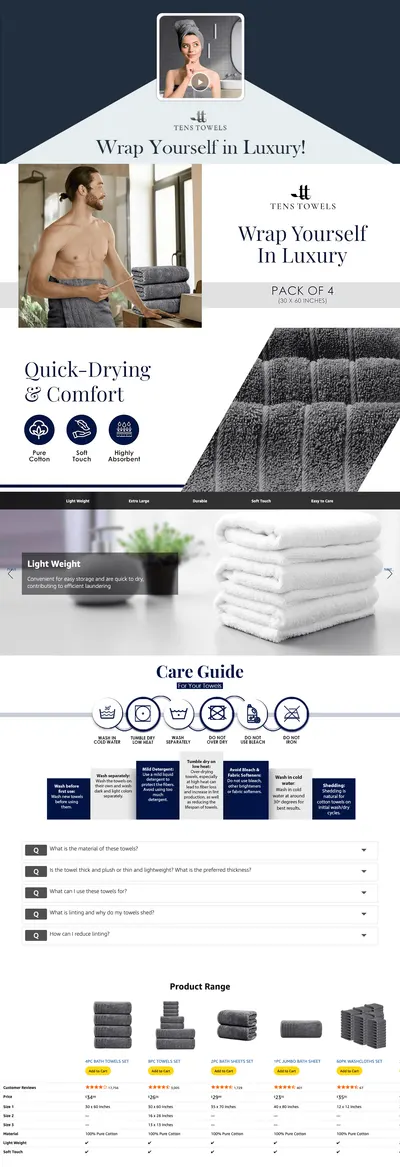Premium A+ Content for Amazon.com: Tens Towels Pack of 4 Extra Large Bath Towels 30 x 60 Inches