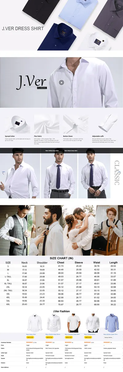 Premium A+ Content for Amazon.com: J.VER Men's Dress Shirts Solid Long Sleeve Stretch Wrinkle-Free Formal Shirt…