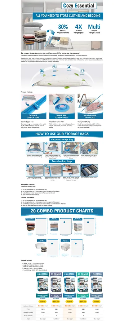 Premium A+ Content for Amazon.com: 20 Pack Vacuum Storage Bags
