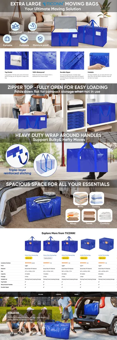 Premium A+ Content for Amazon.com: TICONN 6 Pack Extra Large Moving Bags with Zippers & Carrying Handles