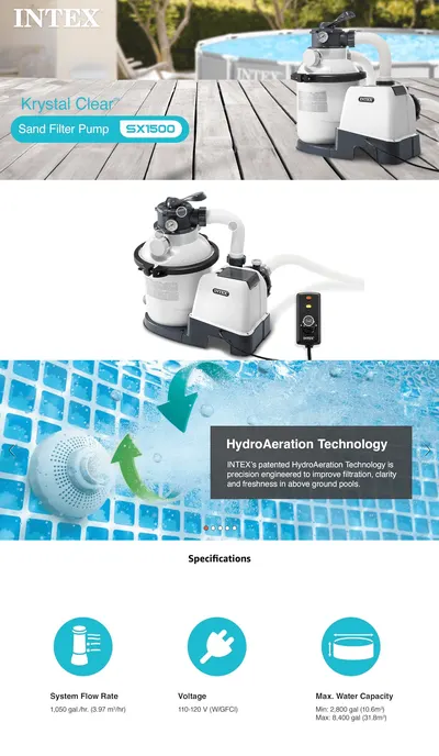 Premium A+ Content for Amazon.com : INTEX SX1500 Krystal Clear Sand Filter Pump for Above Ground Pools: 1500…
