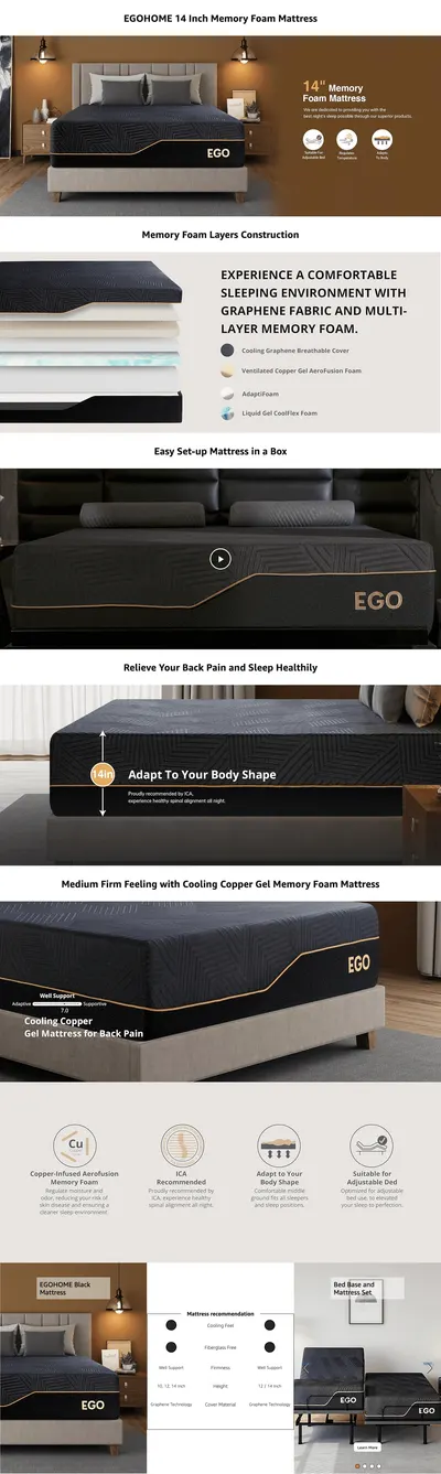 Premium A+ Content for Amazon.com: EGOHOME 14 Inch King Size Memory Foam Mattress for Back Pain