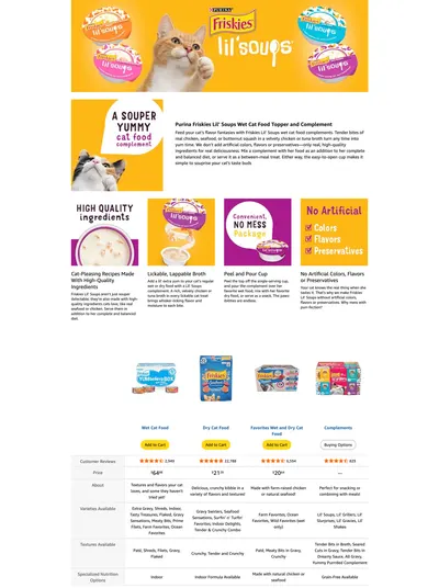 Premium A+ Content for Amazon.com : Purina Friskies Grain Free Wet Cat Food Lickable Cat Treats Variety Pack