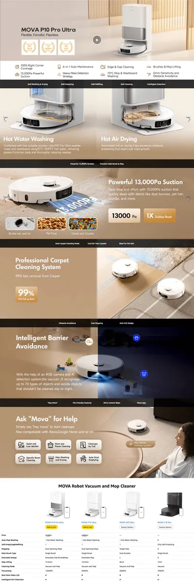 Premium A+ Content for Amazon.com: MOVA P10 Pro Ultra Robot Vacuum and Mop 13,000Pa Suction