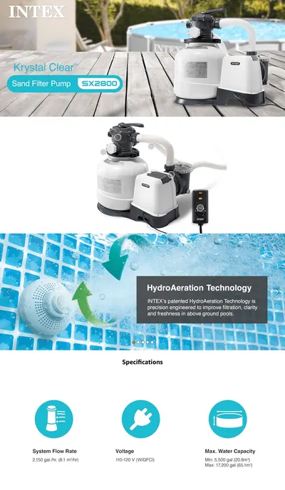Premium A+ Content for Amazon.com : Intex SX2800 Krystal Clear Sand Filter Pump: 2800 GPH Pump Flow Rate