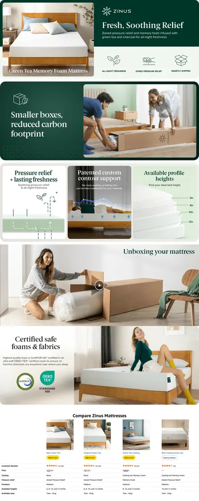 Premium A+ Content for Amazon.com: ZINUS 6 Inch Green Tea Memory Foam Mattress [New Version]