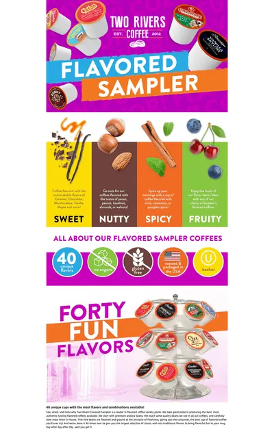 Premium A+ Content for Amazon.com: Two Rivers Coffee Flavored Coffee Pods Compatible with Keurig K Cup Brewers