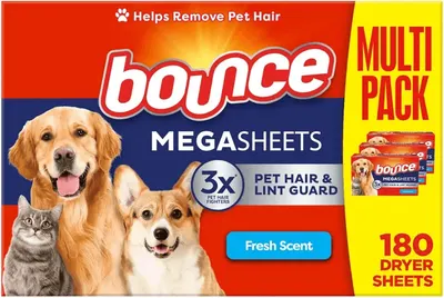 Main Images for Bounce Pet Hair and Lint Guard Mega Fabric Softener Dryer Sheets with 3X Pet Hair Fighters