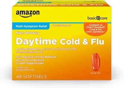 Main Images for Amazon Basic Care Daytime Cold and Flu Relief Liquid Caps Softgel