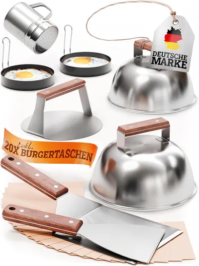 Main Images for LIKAYA® Smash Burger Master-Set XXL [9-TLG.] Edelstahl mit Akazienholz-Griffen für Plancha