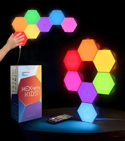 Shows the complete product offering including the hexagonal light modules, retail packaging, remote control, and interactive touch capability to communicate what buyers will receive and how the…