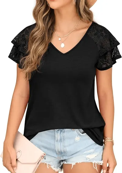Main Images for QIXING Women's Summer Blouses Double Lace Ruffle Short Sleeve V Neck Tops Loose Casual…