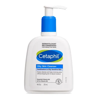 Showcase the product's clean design and highlight its purpose as a skin cleanser for oily, sensitive skin