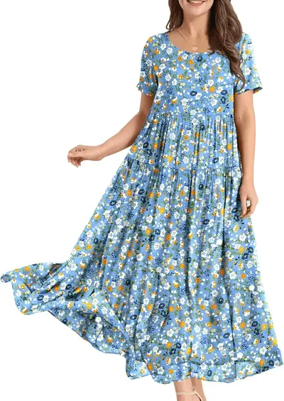 Main Images for YESNO Women Dresses Casual Plus Size Bohemian Short Sleeve Floral Long Maxi Summer Beach…