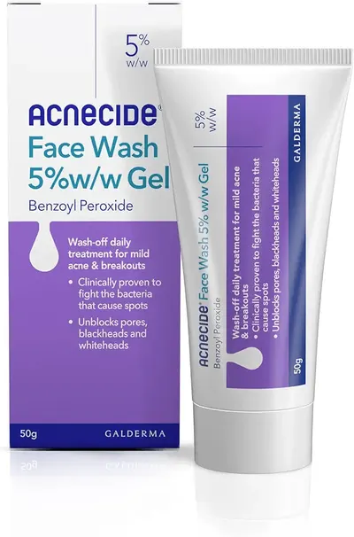 Main Images for Acnecide Face Wash Gel 5% Benzoyl Peroxide Acne Treatment for Spot-Prone Skin 50g