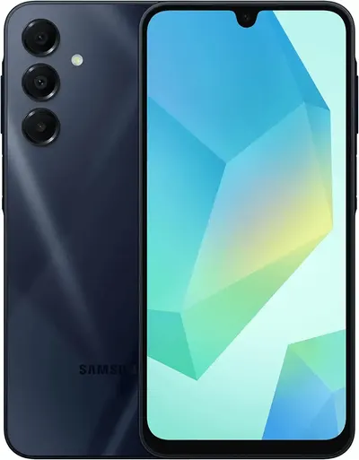 Showcases the sleek design and triple camera setup of the Samsung smartphone.