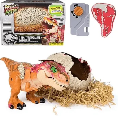 Showcase the complete product package including the dinosaur figure, egg shell, remote control, and accessories Display the product in its retail box to communicate brand identity and contents