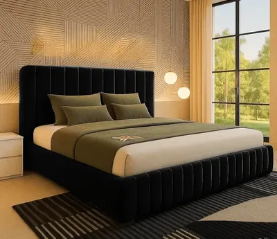 Main Images for S&W DECORE Upholstered Bed Frame With Headboard And Footboard In Plush Velvet (Black Plush