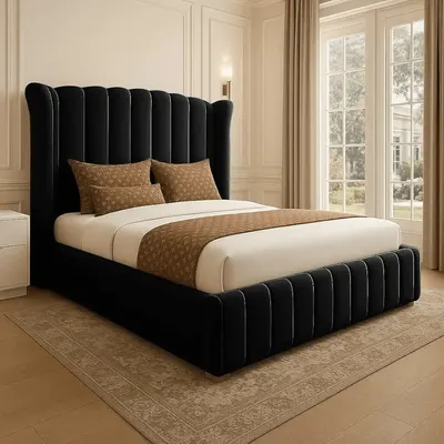 Main Images for S&W DECORE Wingback Bed Frame With Winged Panel Headboard And Footboard In Plush Velvet…